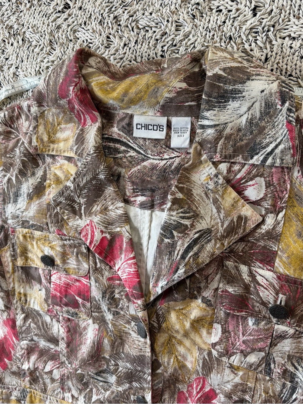 Chico's Multicolor Leaf-Print Jean Jacket — Brown, Red & Yellow - Picture 16 of 16
